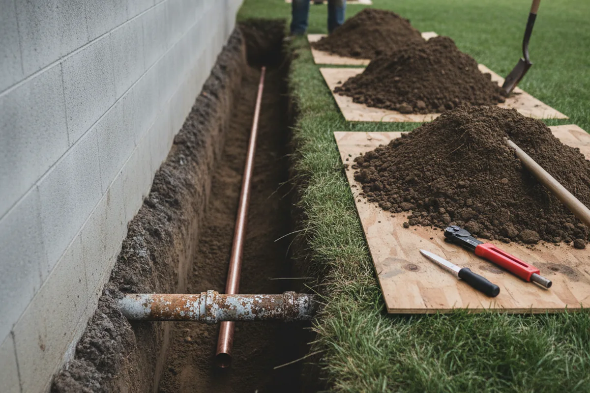 Excavated water line trench during Water Heater Repair in Jones Mills